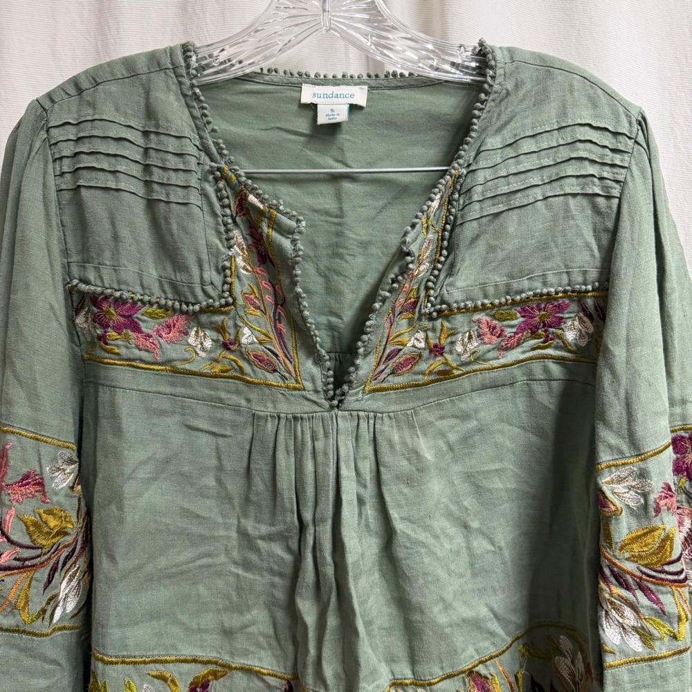 Sundance Womens Sage Green Embroidered Bird Floral Linen Peasant Blouse Small - Picture 2 of 11